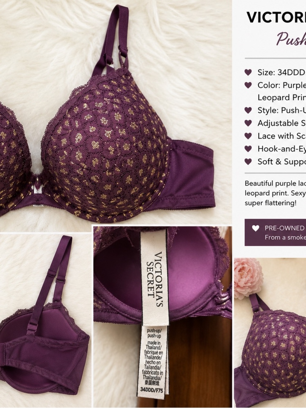 Victoria’s Secret Purple & Gold Lace Push-Up Bra – 34DDD